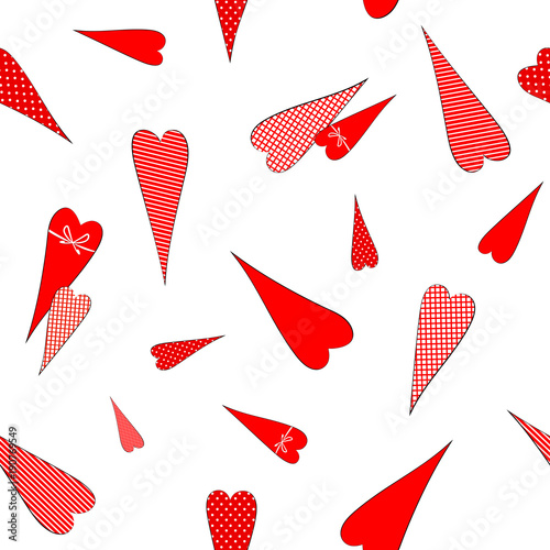 Seamless pattern with a drawing of doodles hearts in peas striped cage Decorative romantic background for Valentine's Day wedding cards wrapper Creative drawing of hearts in Tilde style Vector design