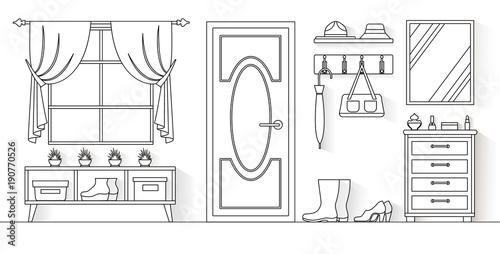 Interior of the hallway in a linear style. Vector illustration. Anteroom outline.