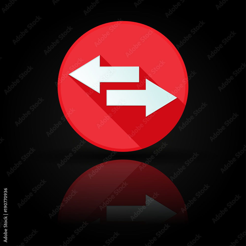 Arrow icon. Red sign with reflection on black background. Right and left symbol Arrow icon. Red sign with reflection on black background. Right and left symbol