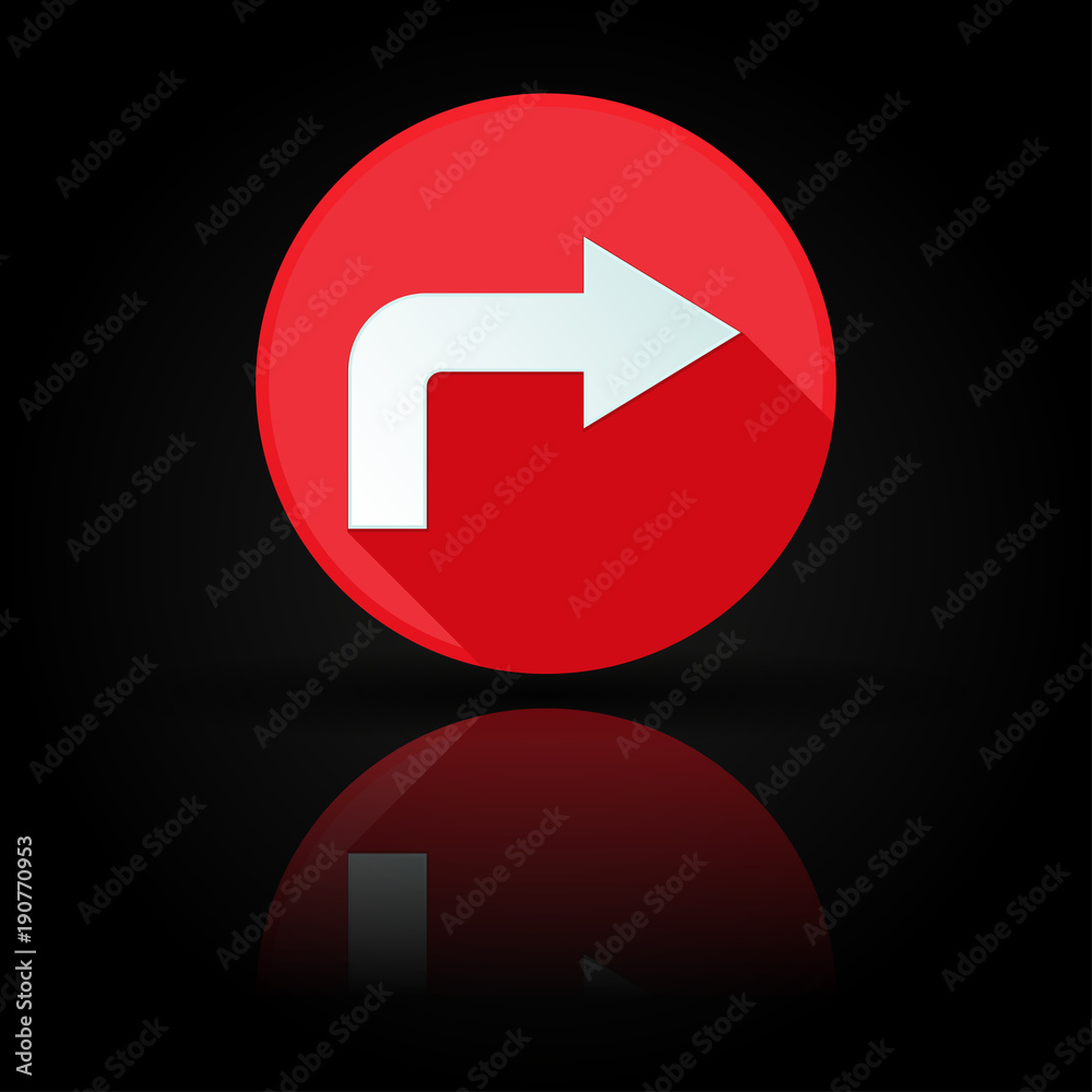 Arrow icon. Red sign with reflection on black background. Right symbol Arrow icon. Red sign with reflection on black background. Right symbol