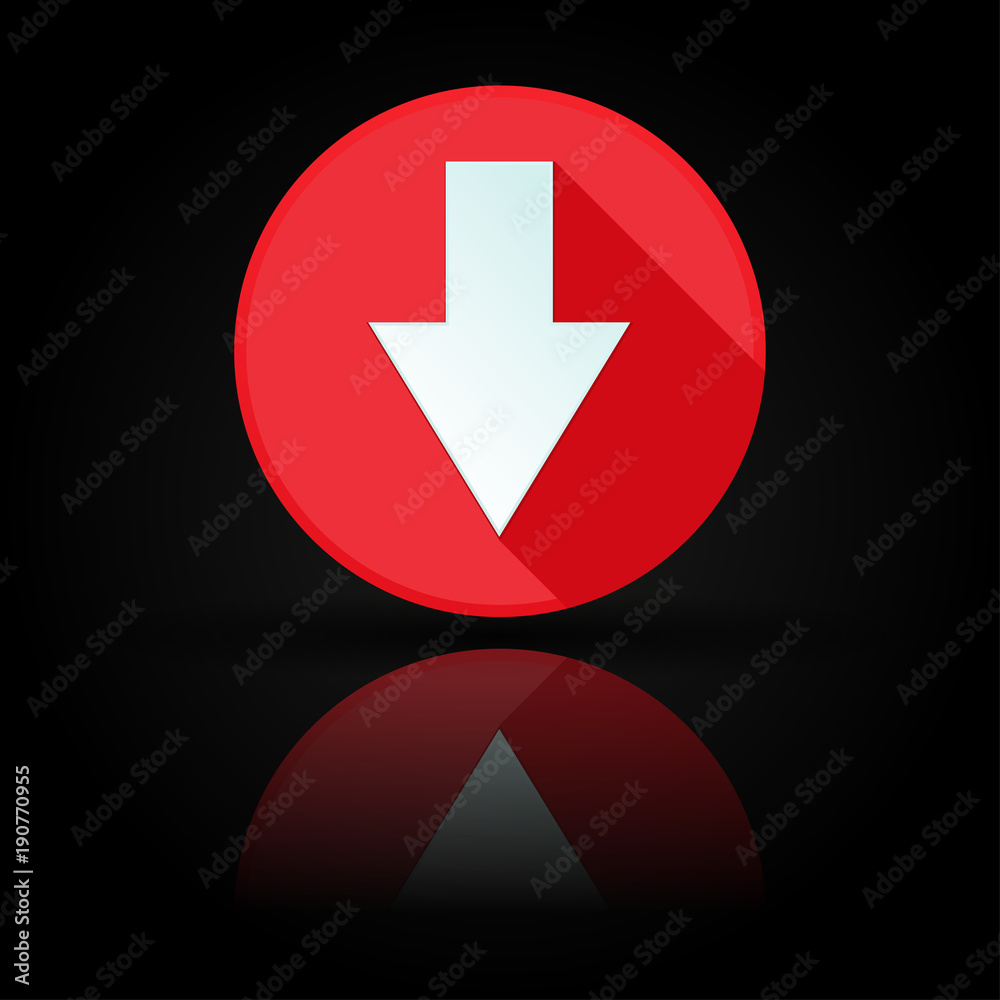 Arrow icon. Red sign with reflection on black background. Down symbol Arrow icon. Red sign with reflection on black background. Down symbol