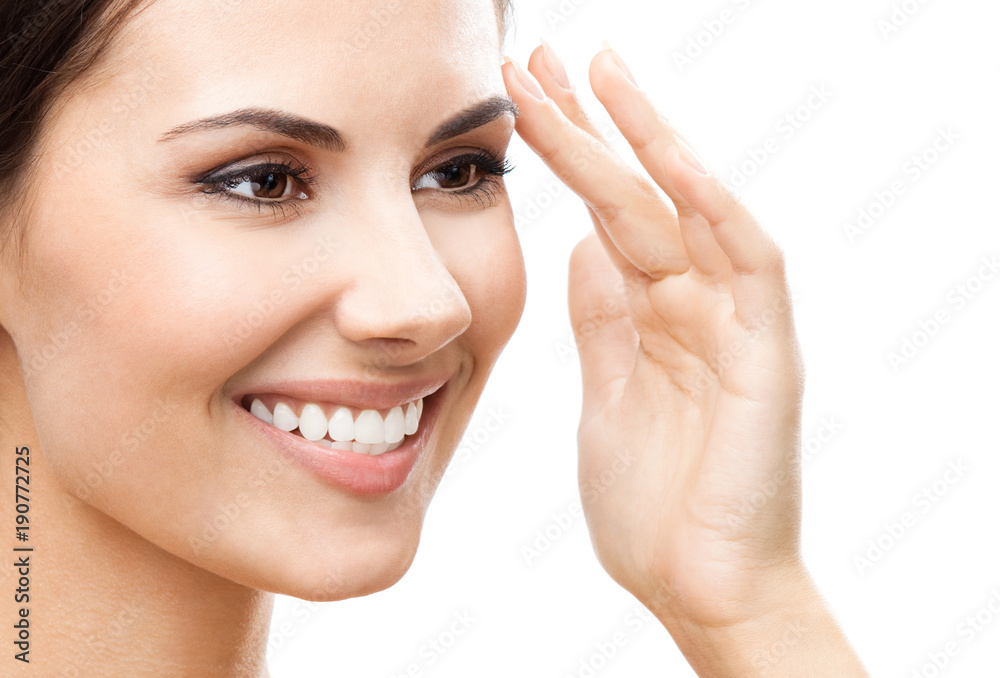 Woman touching skin or applying cream, isolated Woman touching skin or applying cream, isolated