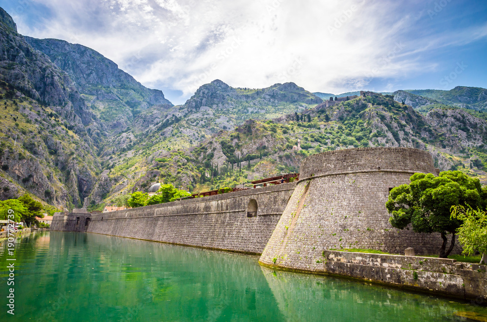 Mountains and fortress in old town Kotor, Montenegro.