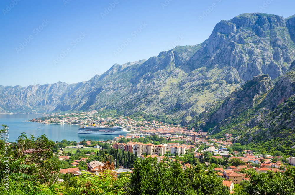 Panoramic view on Kotor bay and old town Kotor, Montenegro.