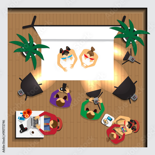 Photo Studio. Shooting models. View from above. Vector illustration