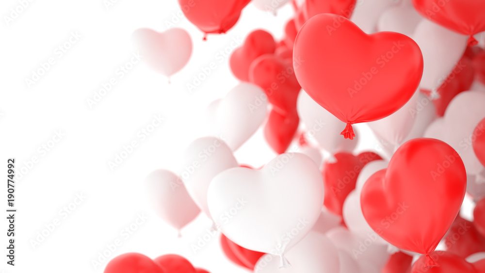 Red and white heart balloons over white background. Love, valentines day, romantic, wedding or birthday background