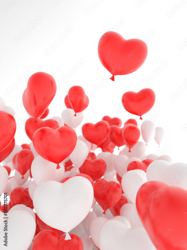 Red and white heart balloons over white background. Love, valentines day, romantic, wedding or birthday background