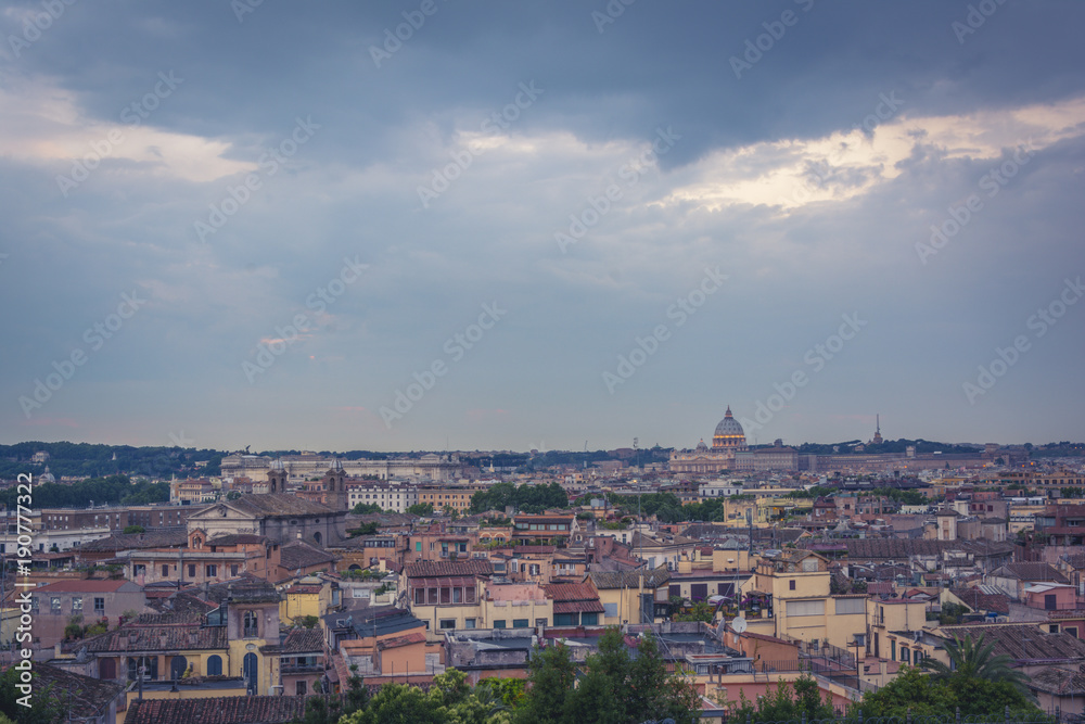 Panoramic view over the historic center of Rome, Italy. Blue hour time