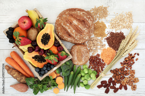 Obraz na plátně Healthy high fibre diet food concept with legumes, fruit, vegetables, wholegrain bread, cereals, grains, nuts and seeds