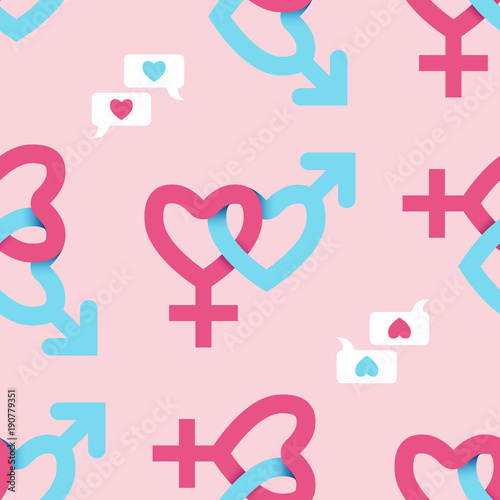 Gender love sign vector icon. Men and women concept with heart, seamless pattern