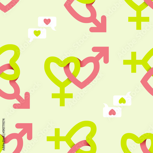 Gender love sign vector icon. Men and women concept with heart, seamless pattern
