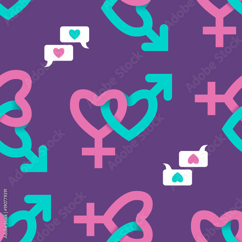 Gender love sign vector icon. Men and women concept with heart, seamless pattern