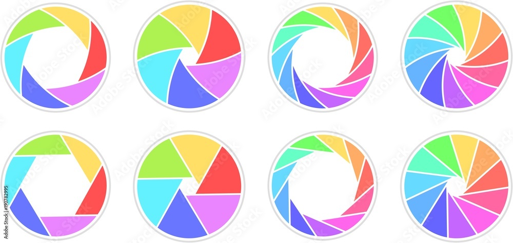 Colletction of open apertures with 6/11 blades rainbow colored Colletction of open apertures with 6/11 blades rainbow colored
