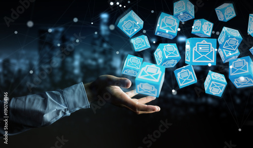 Businessman using floating cube emails 3D rendering