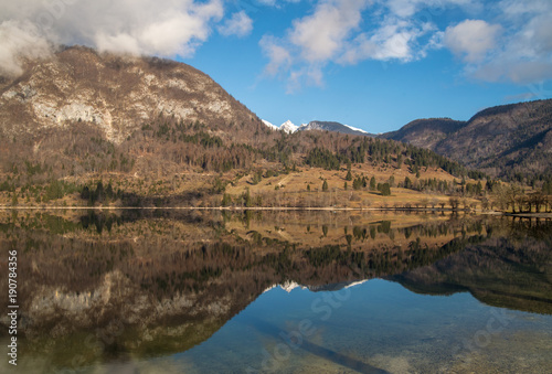 Scenic Bohinj lake with its surrounding nature in Slovenia