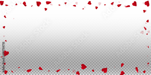 3d hearts valentine background. Wide scattered frame on transparent grid light background. 3d hearts valentines day favorable design. Vector illustration.
