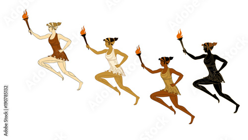 Running woman with a torches in their hands in the Greek style red-figured pottery. Vector. Isolated on white background