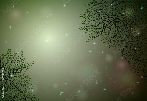 green fairy plant frame, fireflies in the summer dream background, fairy green tree branches,