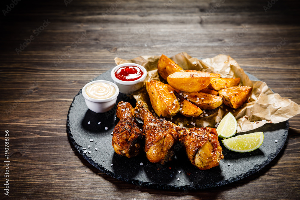 Grilled drumsticks with French fries wooden background