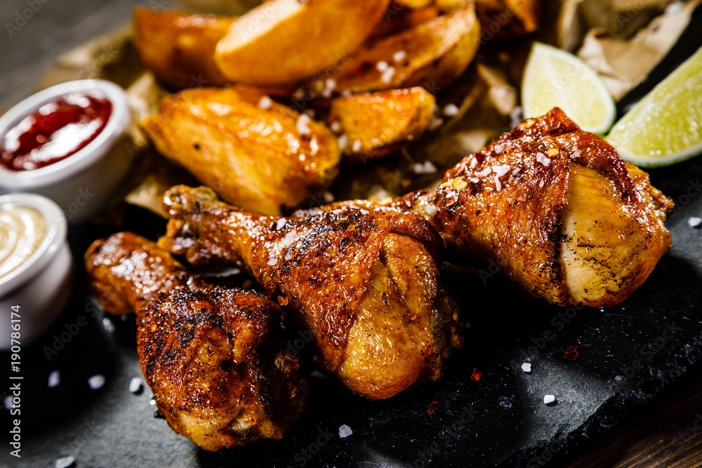 Grilled drumsticks with French fries wooden background Grilled drumsticks with French fries wooden background