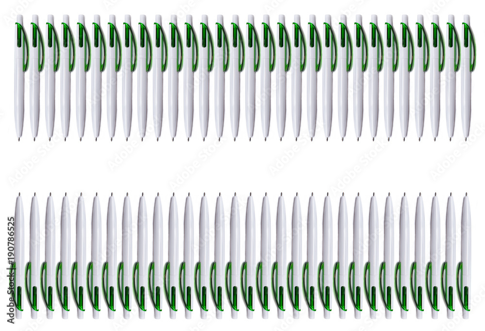 A lot of pen on white background top view. Texture with space for text. A lot of pen on white background top view. Texture with space for text.