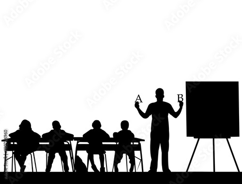 Young sexy school teacher teaches letters to the students or offers them a choice silhouette, one in the series of similar images