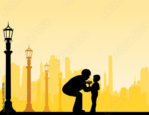 The grandchild brings a grandmother of flowers bouquet, one in the series of similar images silhouette