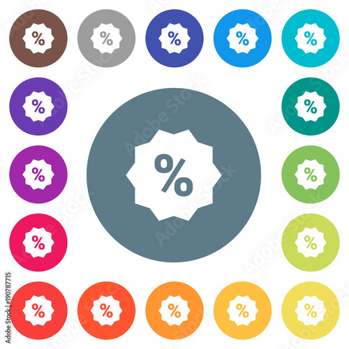 Discount sticker flat white icons on round color backgrounds