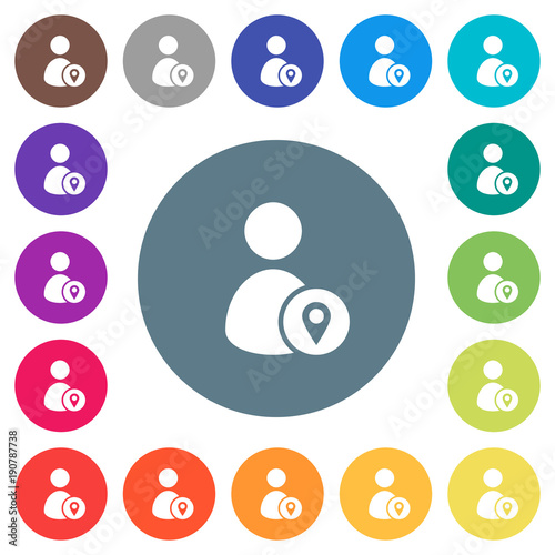 User location flat white icons on round color backgrounds