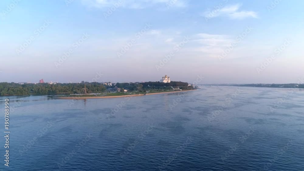 Assumption Cathedral in Yaroslavl. Aero panorama with a view of the Volga River and the central part of the city at sunrise. Summer Assumption Cathedral in Yaroslavl. Aero panorama with a view of the Volga River and the central part of the city at sunrise. Summer