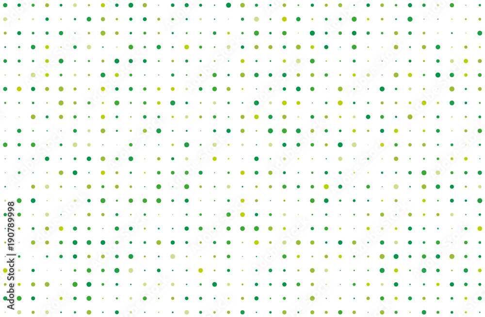 Dotted background with circles, dots, point different size, scale. Halftone pattern. Green on white color Vector illustration