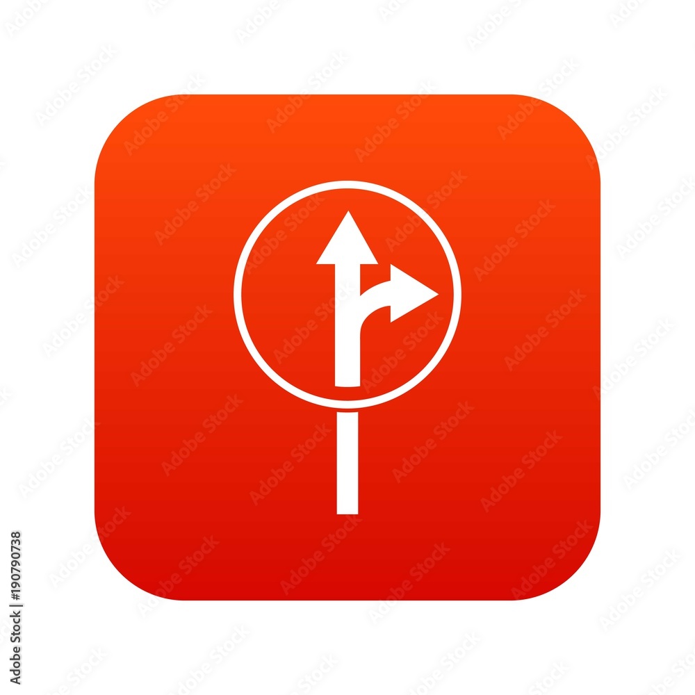 Straight or right turn ahead road sign icon digital red Straight or right turn ahead road sign icon digital red