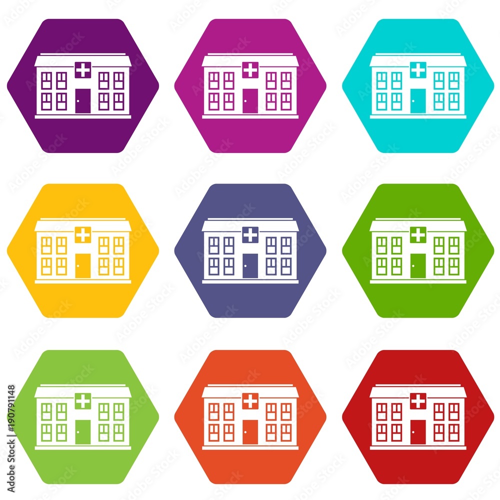 Fototapeta premium Hospital icon set color hexahedron