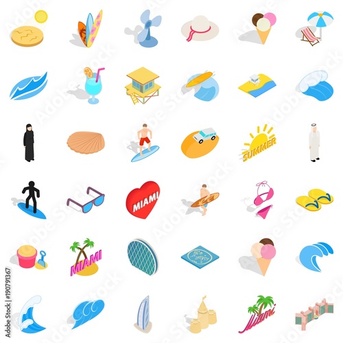 Tropical city icons set, isometric style