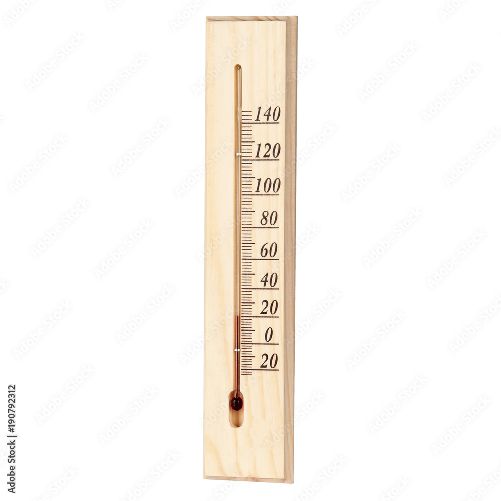 A wooden thermometer with a good texture, burnt with Arabic numerals and a dark red alcohol scale isolated on a white background A wooden thermometer with a good texture, burnt with Arabic numerals and a dark red alcohol scale isolated on a white background