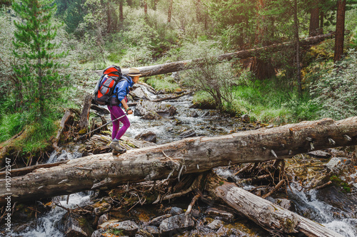 Woman hiker crossing the river in mountains using a big tree trunk, outdoor adventure concept