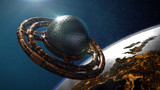 UFO, alien spaceship in orbit of planet Earth, extraterrestrial visitors in flying saucer