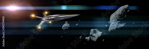 spaceship flying through asteroid field lit by the Sun 