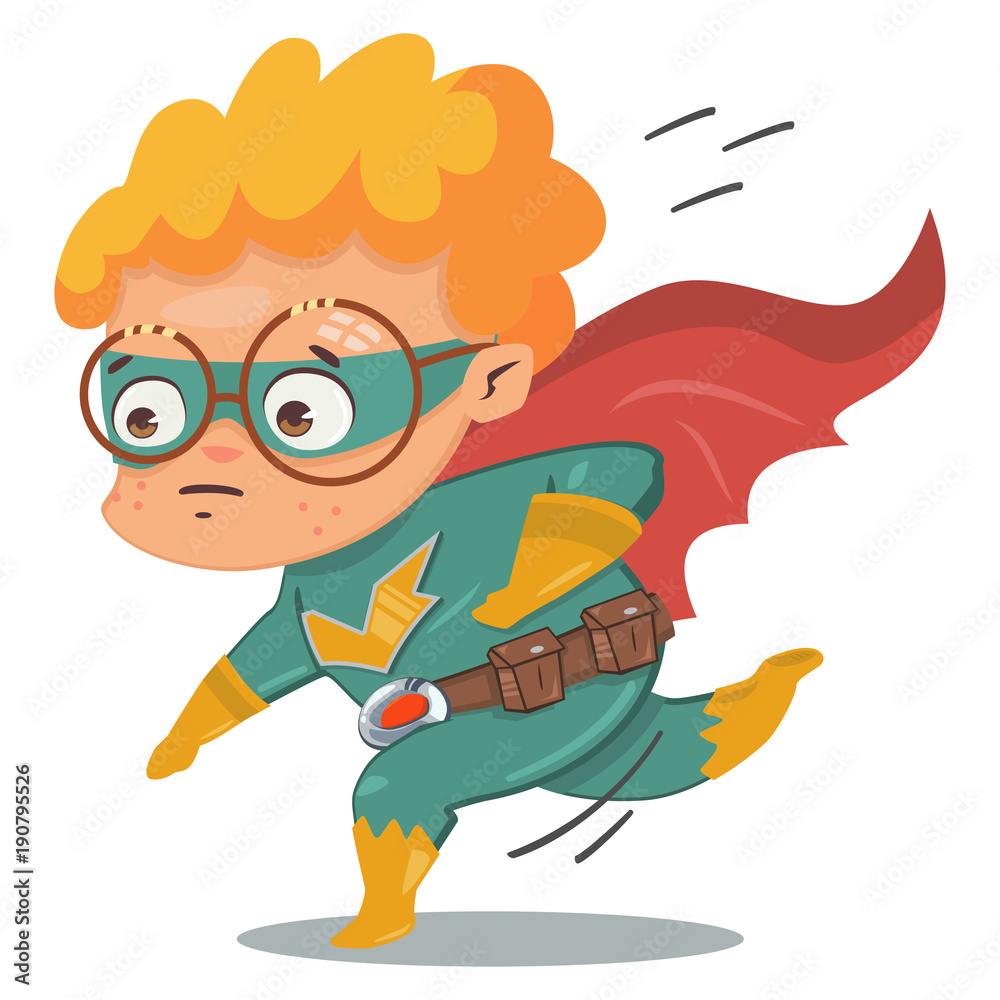 Superhero kid in green costume in cloak. Vector cartoon character in a retro style on a blue background.