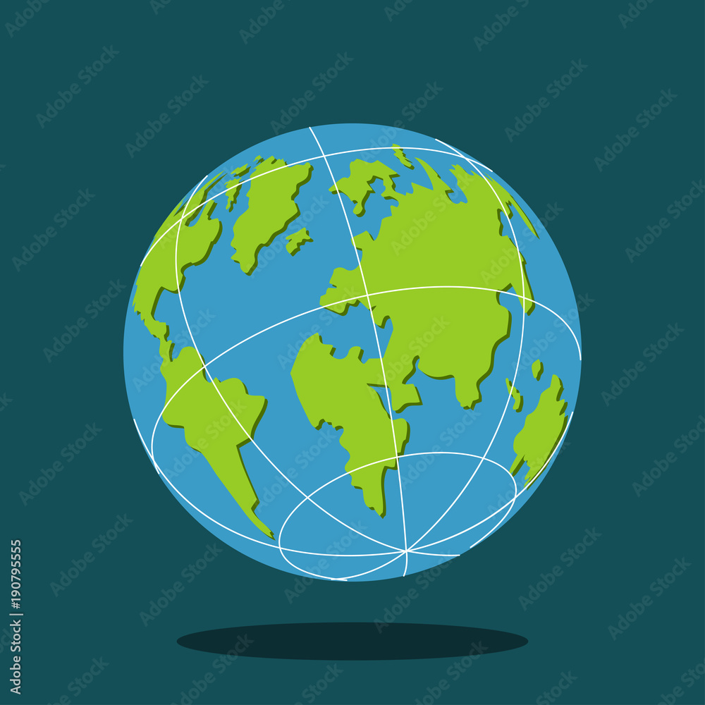 Earth globe with world map flat planet vector icon isolated on background.