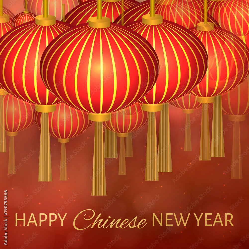 Naklejka premium Chinese new year vector illustration with lanterns on dark red bokeh background. Easy to edit design template for your design. Can be used as greeting cards, banners, invitations etc.
