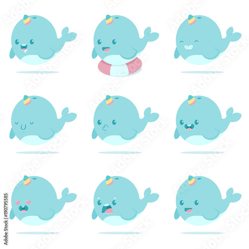 Cute baby narwhal unicorn set. Vector cartoon character of magic whale with different kawaii emotions isolated on a white background.
