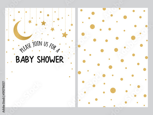 Baby shower invitation template, backgtround with gold polka dot design, vector set