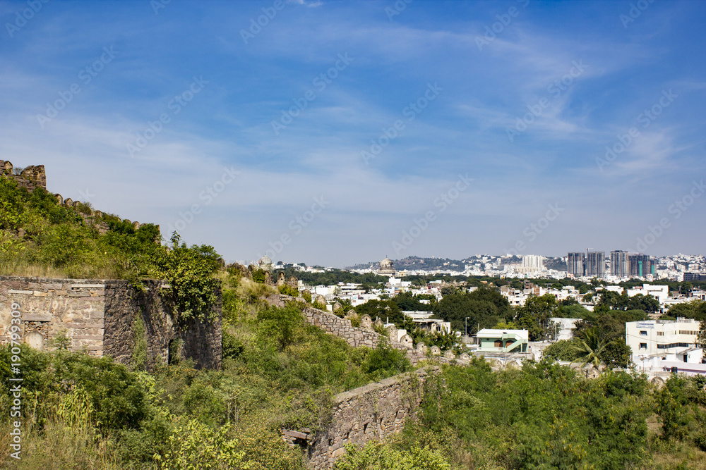 Looking back at the Old City of Hyderabad on the Mountain Side of Golconda Fort in India
