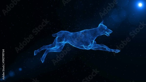 Doberman, hound dog, abstract animal running through particles, fantasy 3D animation