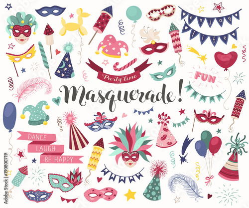 Hand drawn carnival objects set isolated on white background. Masqeurade design elements collection. Colorful carnaval masks, feathers, firecrackers. Mardi grass traditional symbols.