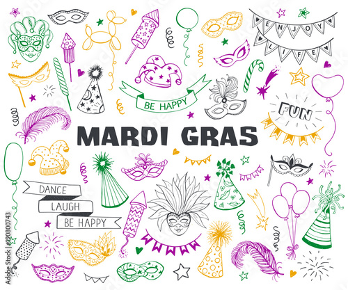 Hand drawn carnival objects set isolated on white background. Masqeurade design elements collection in line art style. Doodle carnival masks  feathers  firecrackers. Mardi grass traditional symbols.
