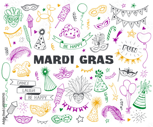 Hand drawn carnival objects set isolated on white background. Masqeurade design elements collection in line art style. Doodle carnival masks, feathers, firecrackers. Mardi grass traditional symbols.