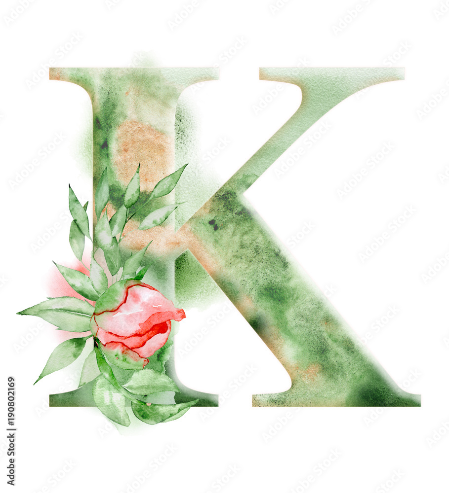 Floral watercolor alphabet. Monogram initial letter K design with hand  drawn peony flower Stock Illustration by ©nereia #182775826
