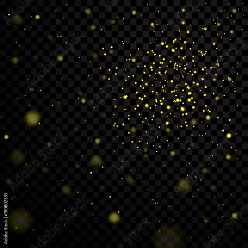 Gold stars black night sky on transparent background. Abstract bokeh glowing space design. Starry milky way. Galaxy golden starlight shine sparkle. Shiny fantasy glow in dark. Vector illustration